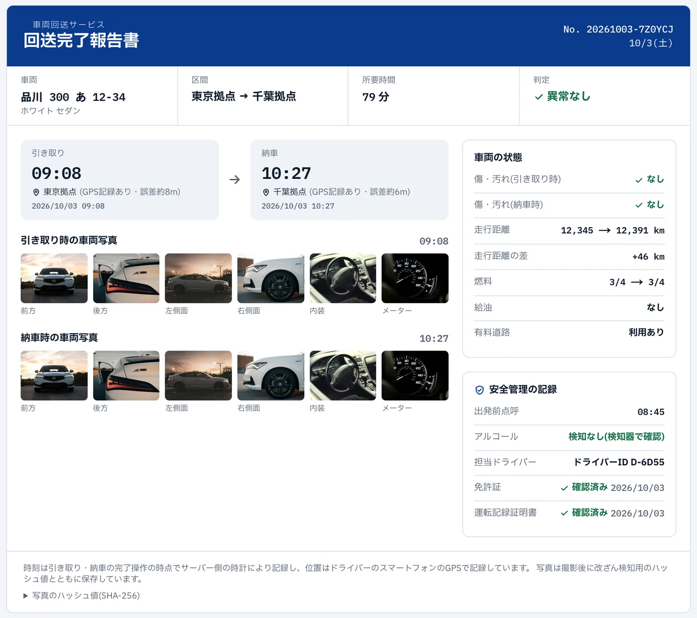 回送完了報告書の画面
